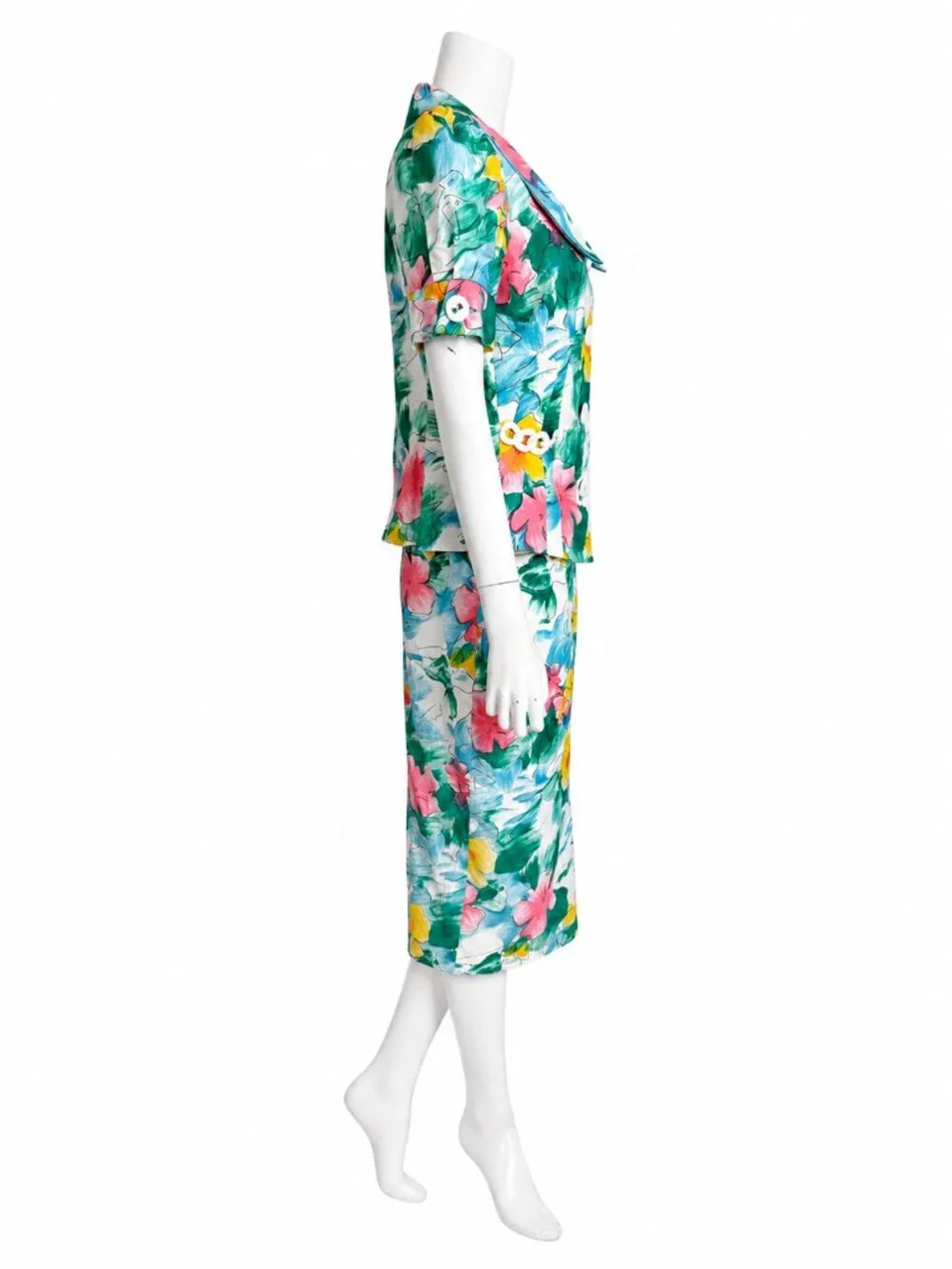Vintage Equateur Paris Floral 2pc Skirt Suit French Puff Sleeve Set NOS Sz 42
